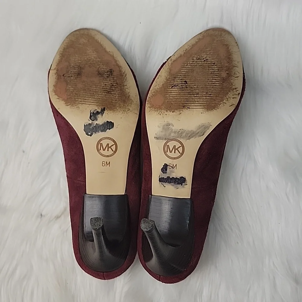 MICHAEL KORS Cynthia Bordeaux Zipper Brown‎ Leather Cap Toe Suede Office Heels 6